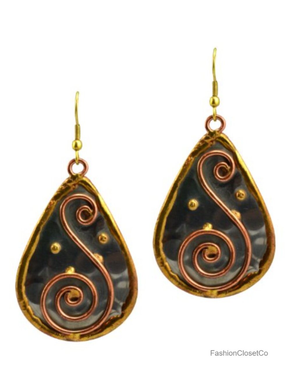 Mixed Metal Teardrop Spiral Dangle Earrings Stainless Steel Brass Copper
